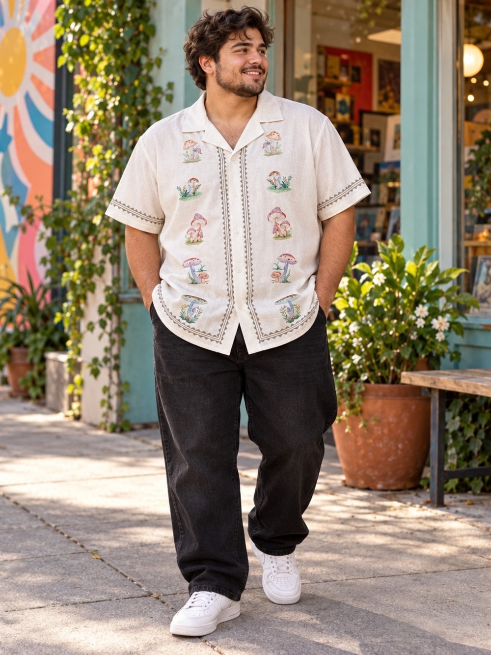 Malibu Cream Button-Down Shirt with Pastel Mushroom Print